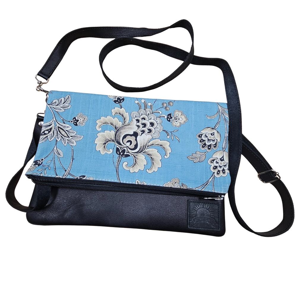 Sunshine Handmade leather crossbody handbag Blue Black White Print Black Leather